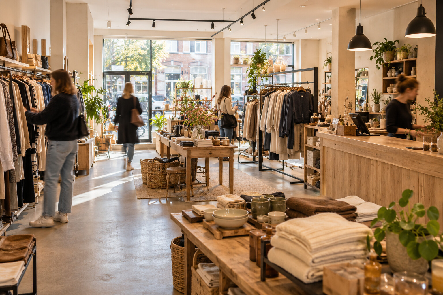 Een levendige, moderne winkel met klanten en een verkoopmedewerker