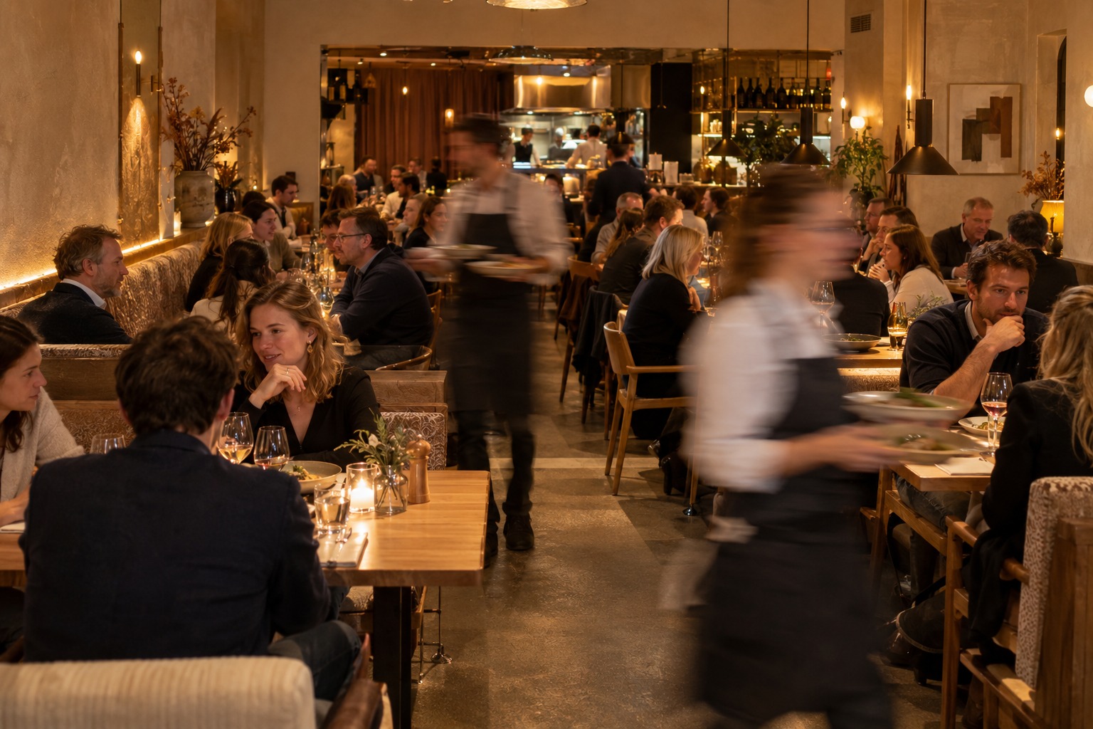 Een drukbezochte horecazaak met passerende obers in bewegingsonscherpte