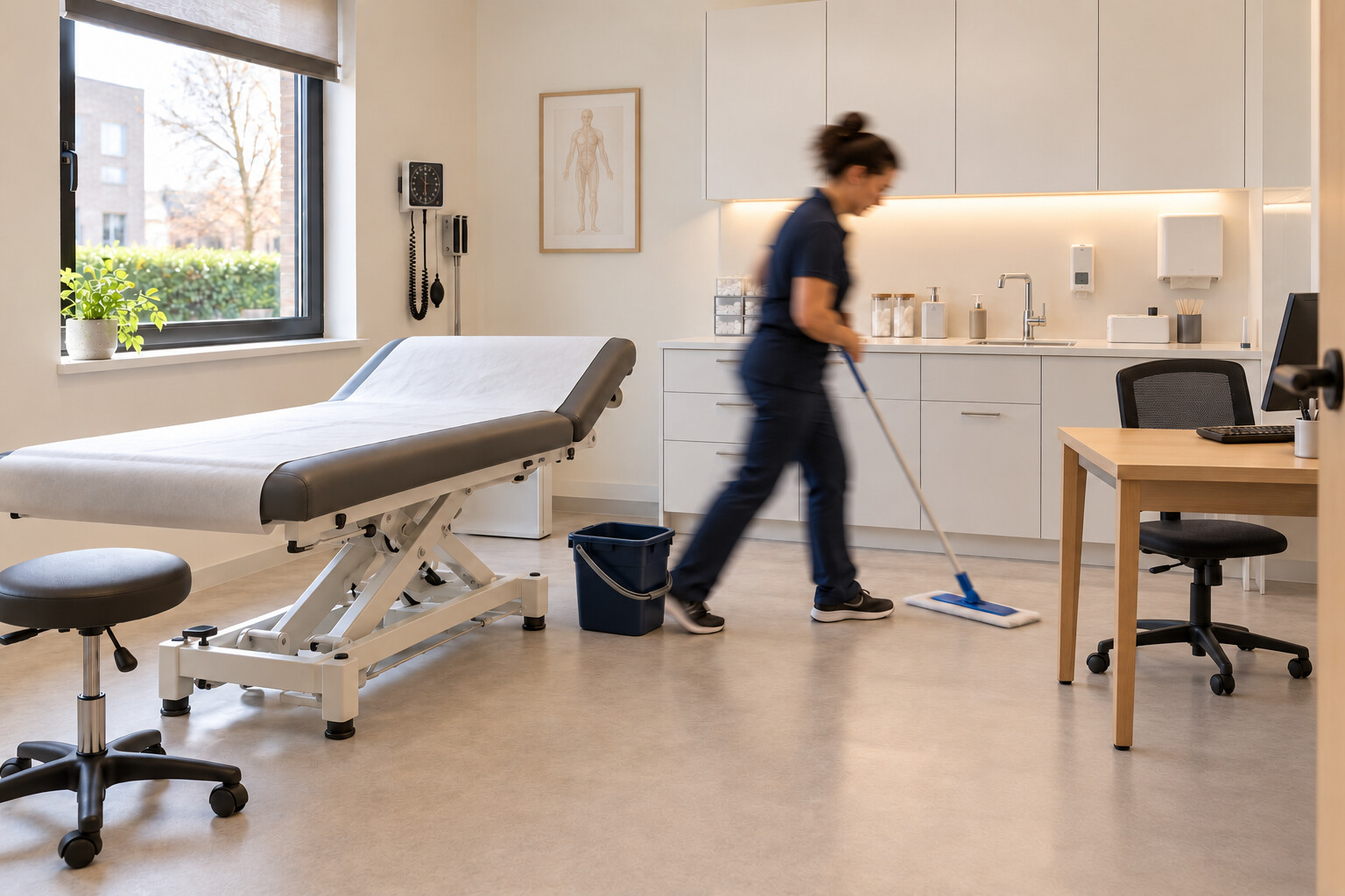 Een schoonmaker met een donkerblauwe emmer in een lichte, moderne dokterspraktijk