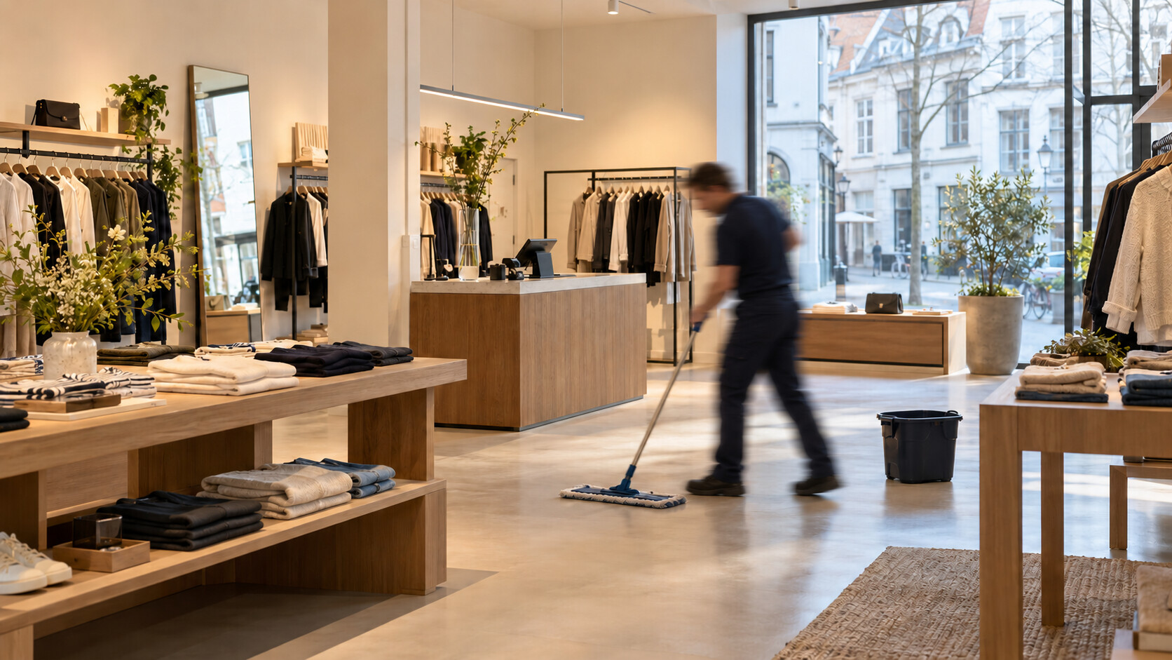 Een mannelijke schoonmaker in bewegingsonscherpte op de winkelvloer van een moderne kledingzaak