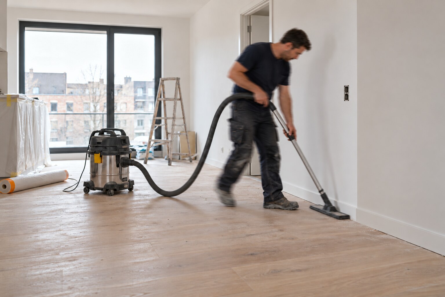 Een schoonmaker in subtiele bewegingsonscherpte verwijdert bouwstof voor de oplevering