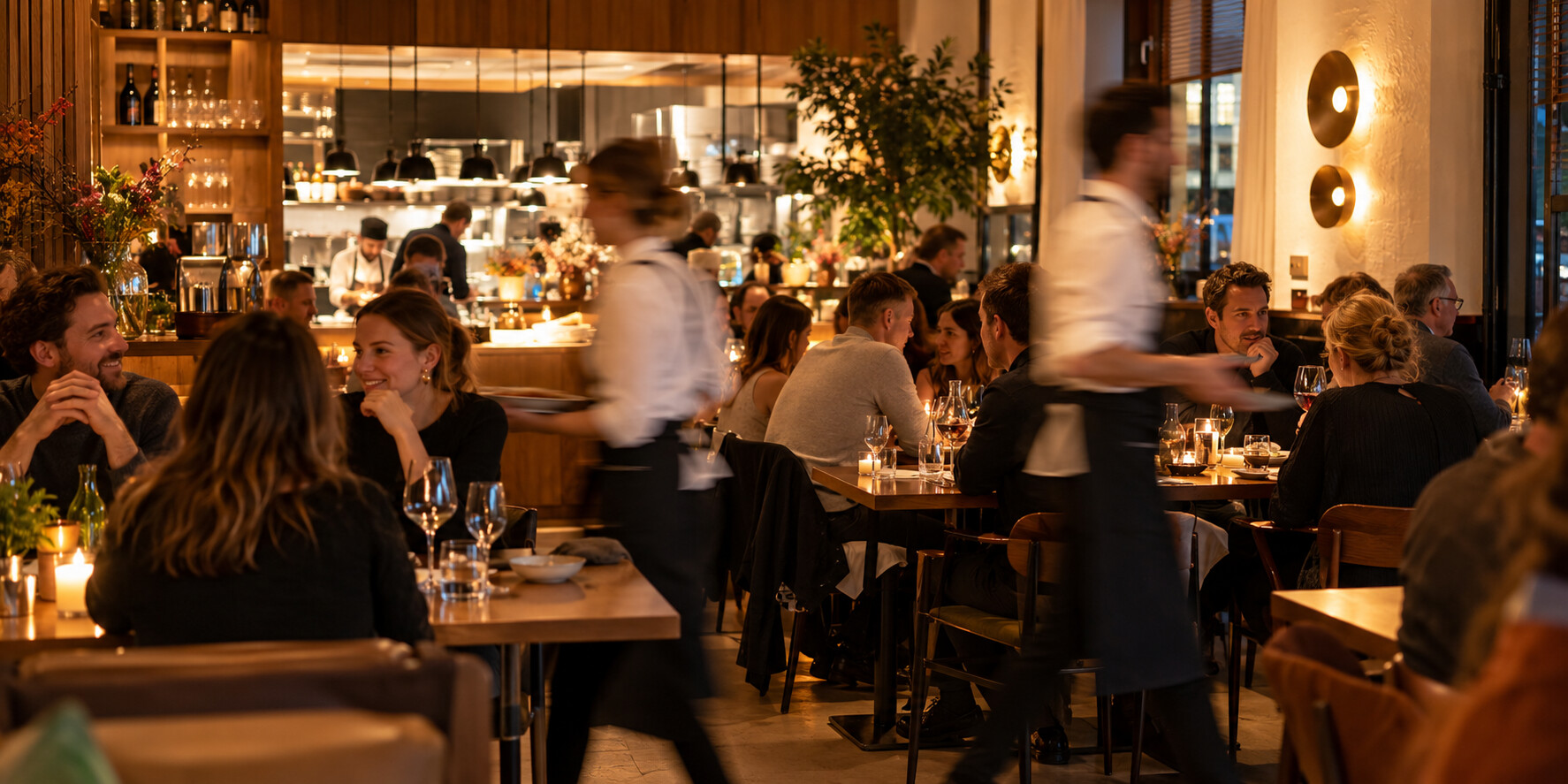 Een drukbezocht restaurant met passerende obers in bewegingsonscherpte