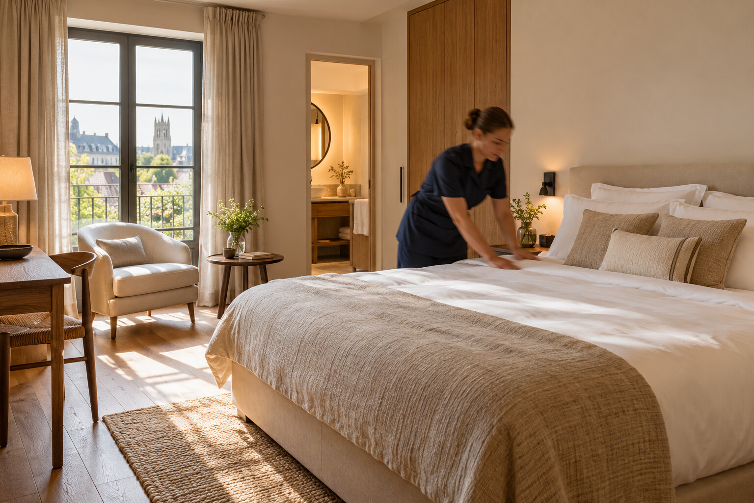 Een hotelmedewerker in bewegingsonscherpte maakt een kamer klaar