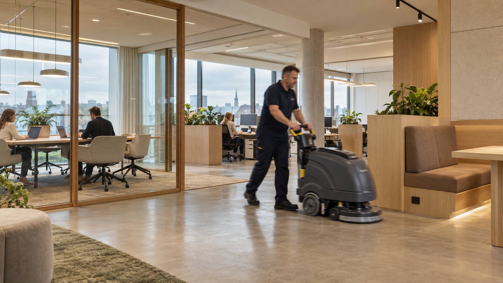 Een schoonmaker in bewegingsonscherpte met een schrobmachine in een modern kantoor