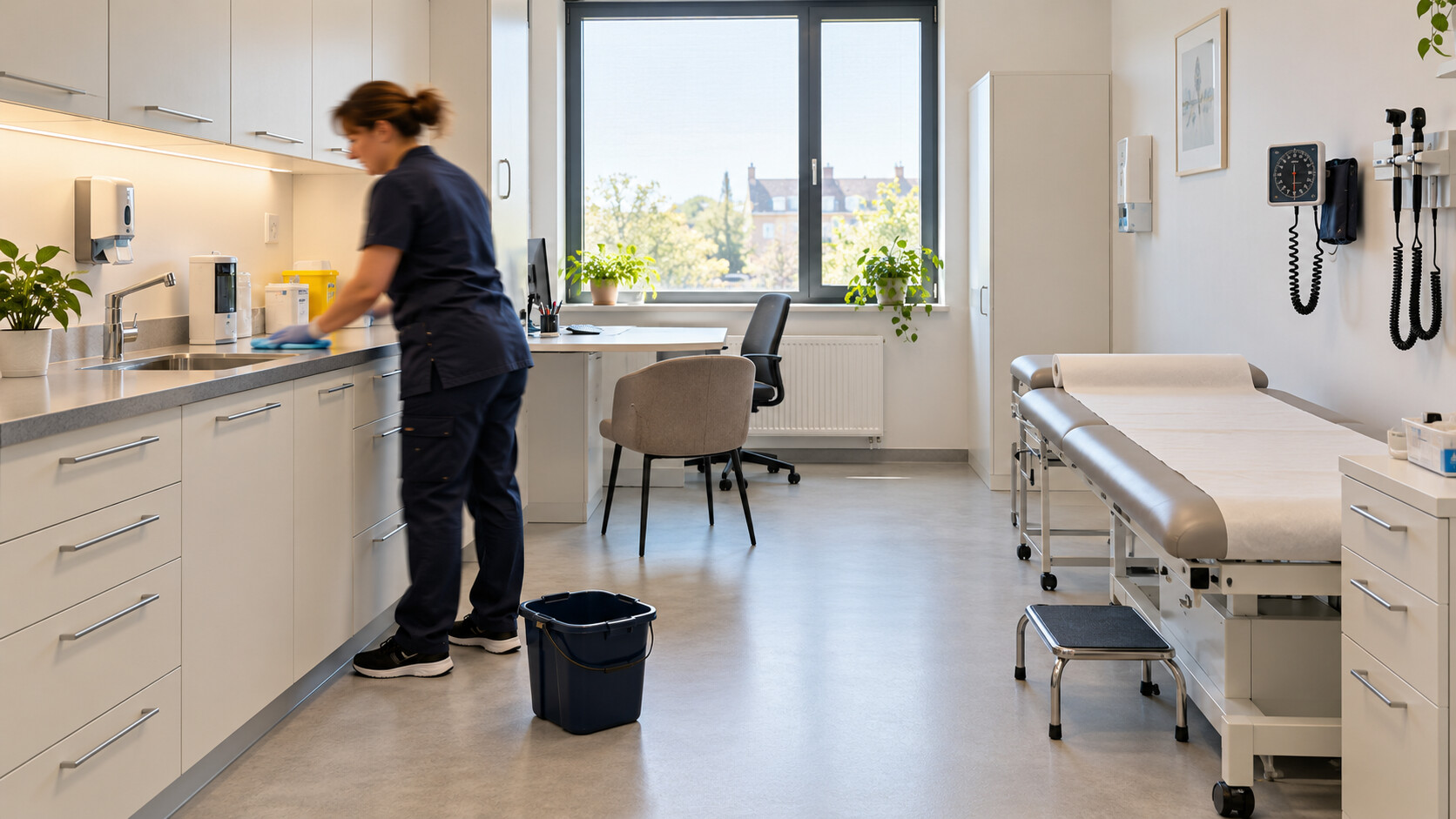 Een schoonmaker in bewegingsonscherpte reinigt een moderne dokterspraktijk