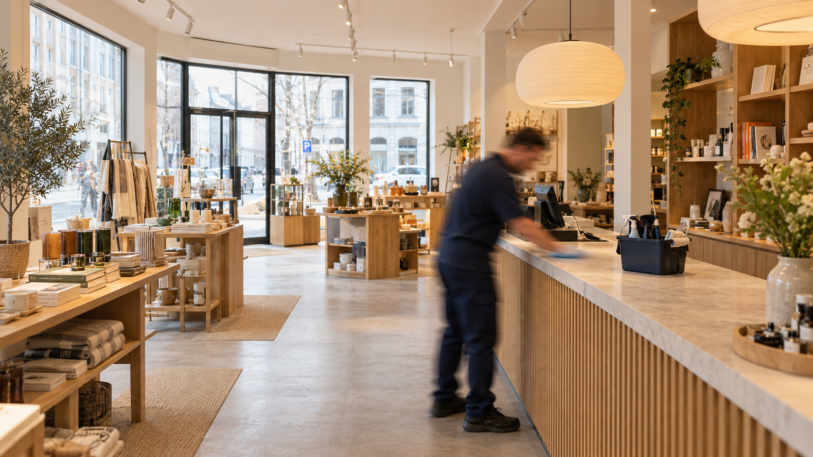 Een mannelijke schoonmaker in bewegingsonscherpte reinigt de toonbank van een winkel