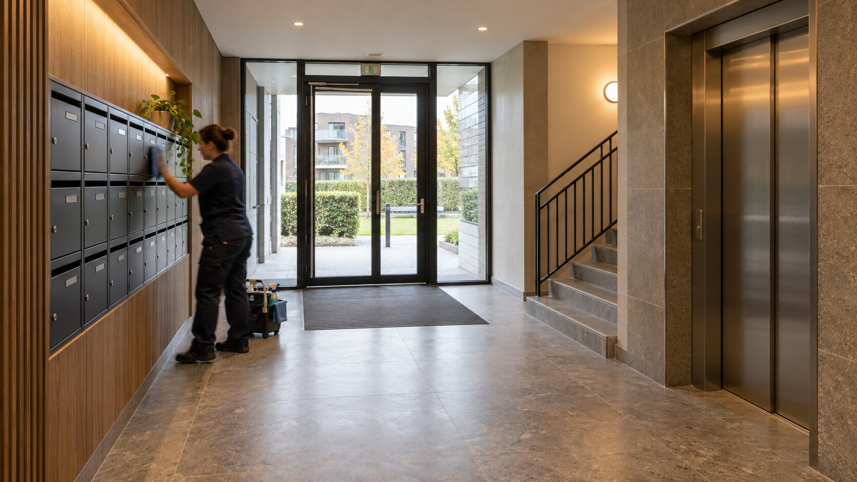 Een schoonmaker in bewegingsonscherpte reinigt de brievenbussen van een appartementsgebouw